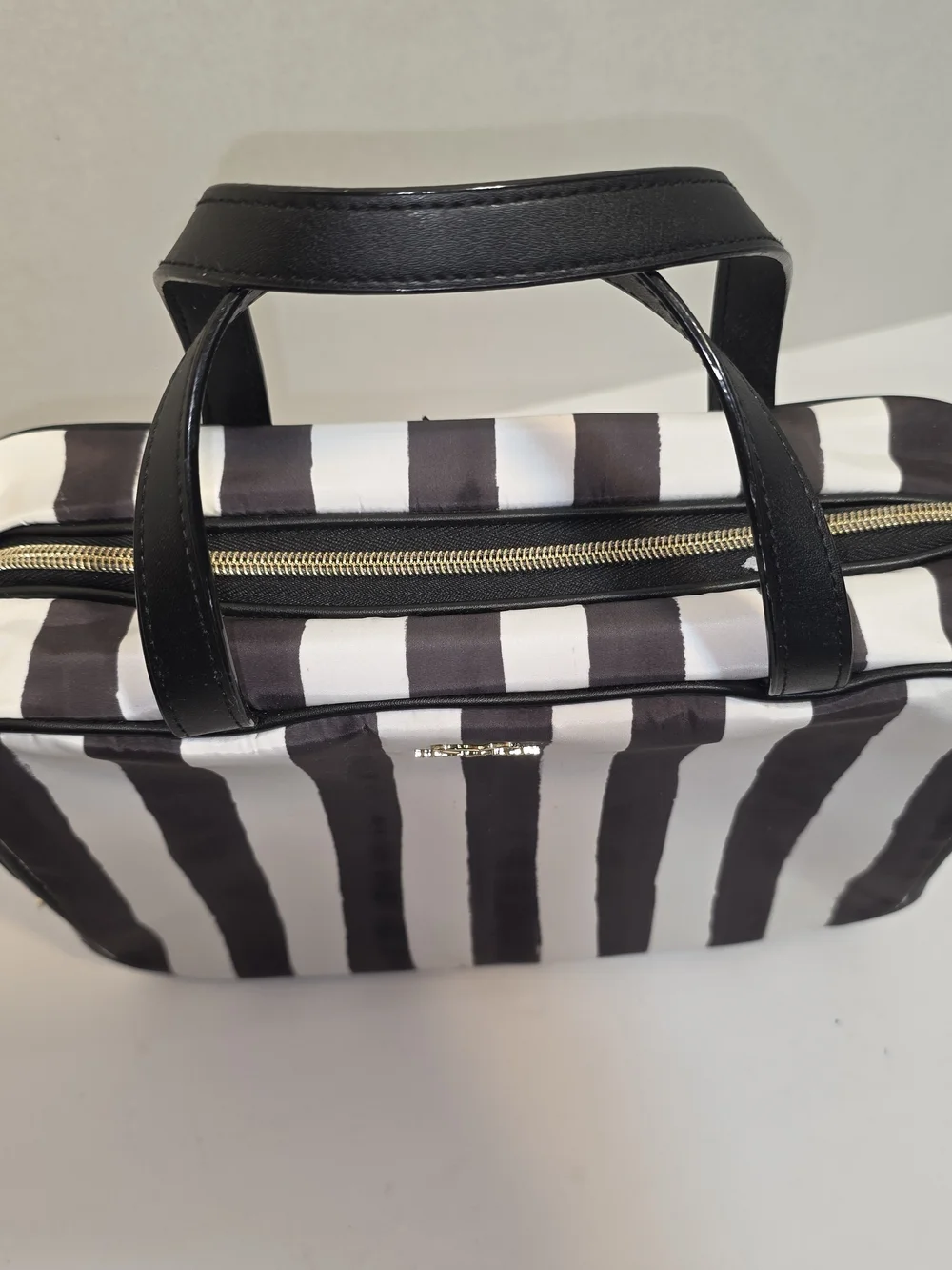 Victoria's Secret Black and White Striped Cosmetic Case with Gold Logo